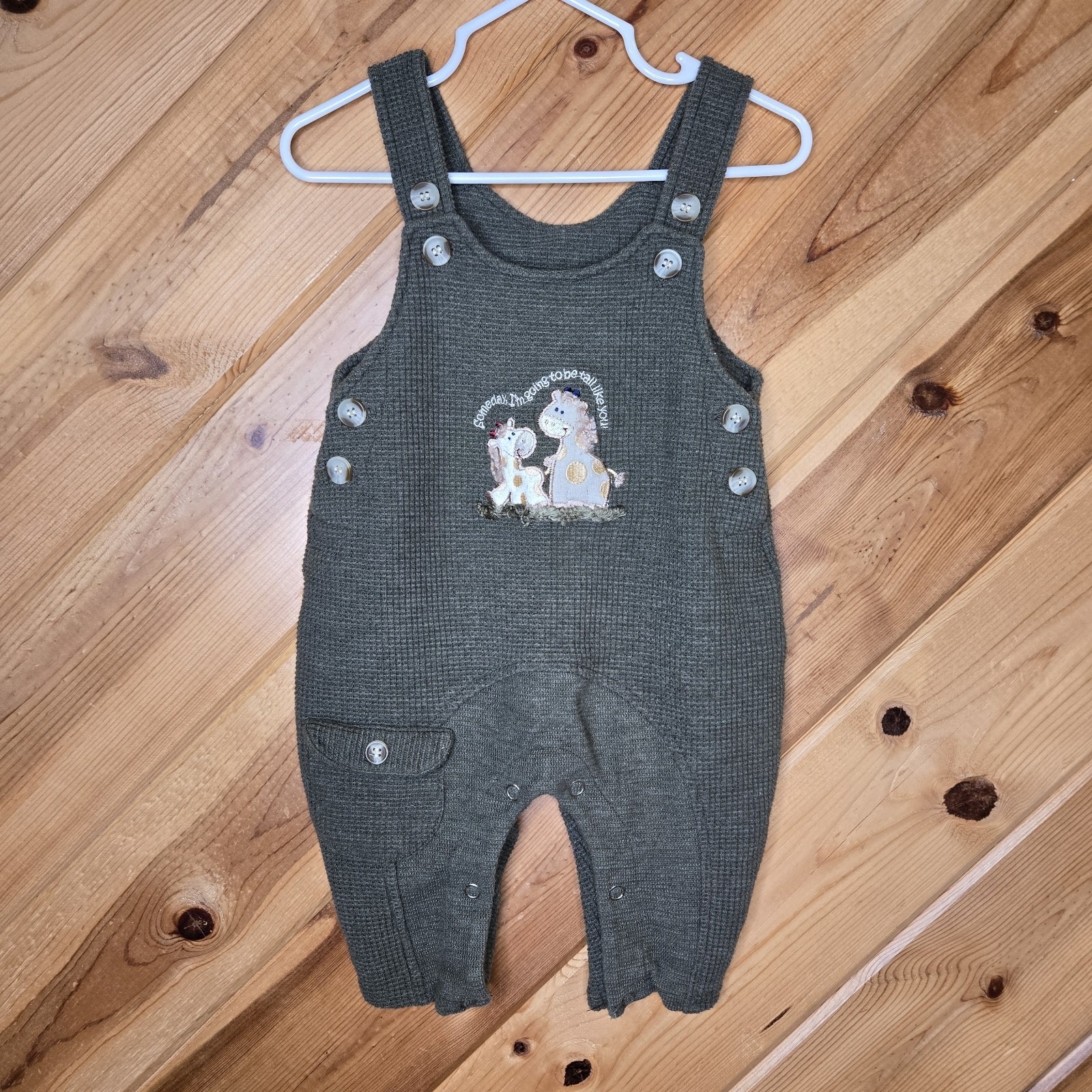 Vintage Baby Headquarters Waffle Knit Green Overall Romper Giraffe Sz 6/9 Months